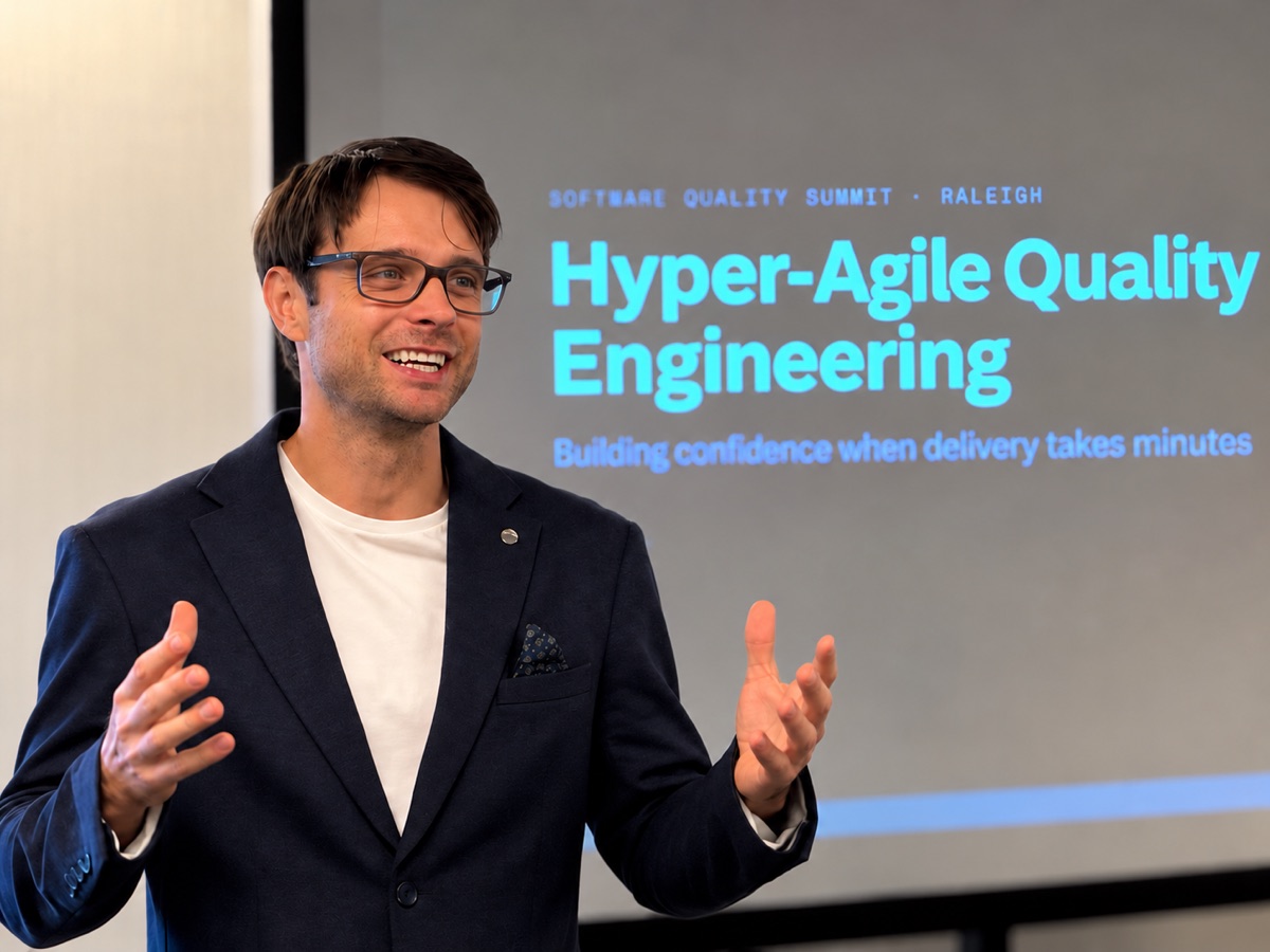 Evgeny Tkachenko presenting Hyper-Agile Quality Engineering at Software Quality Summit Raleigh 2026